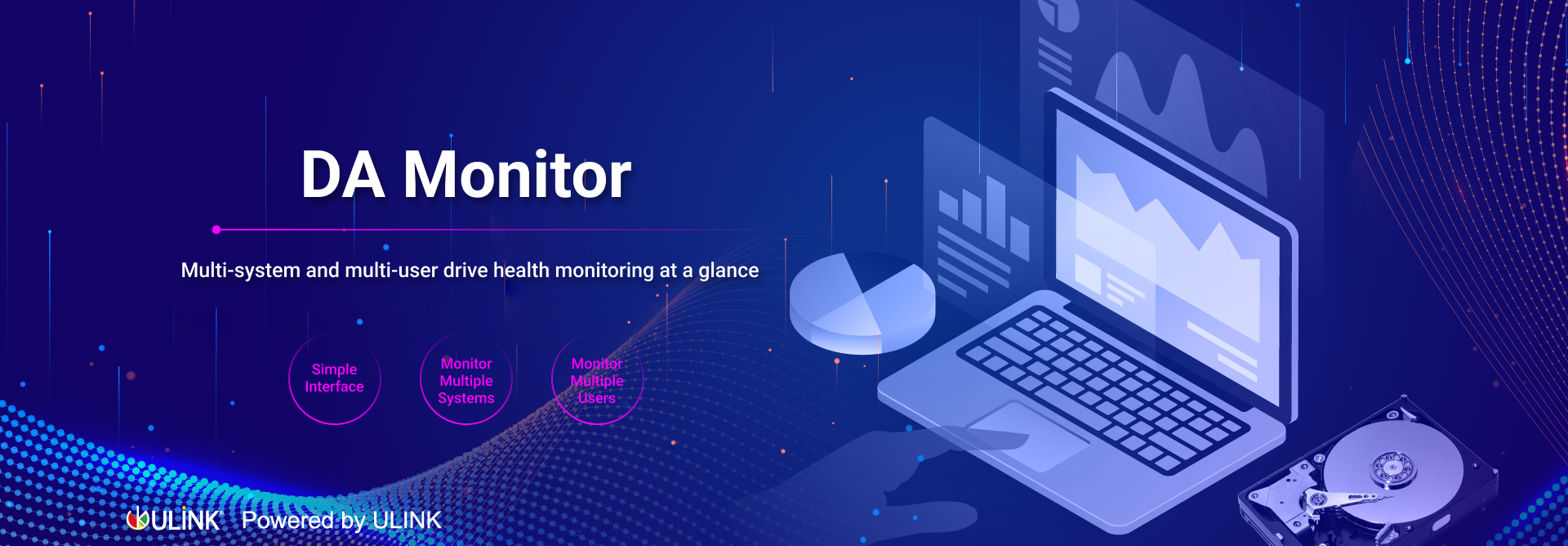 DA Monitor 的圖片，這是一個 DA Drive Analyzer 儀表板，可顯示多個系統和使用者的驅動器運行狀況結果。