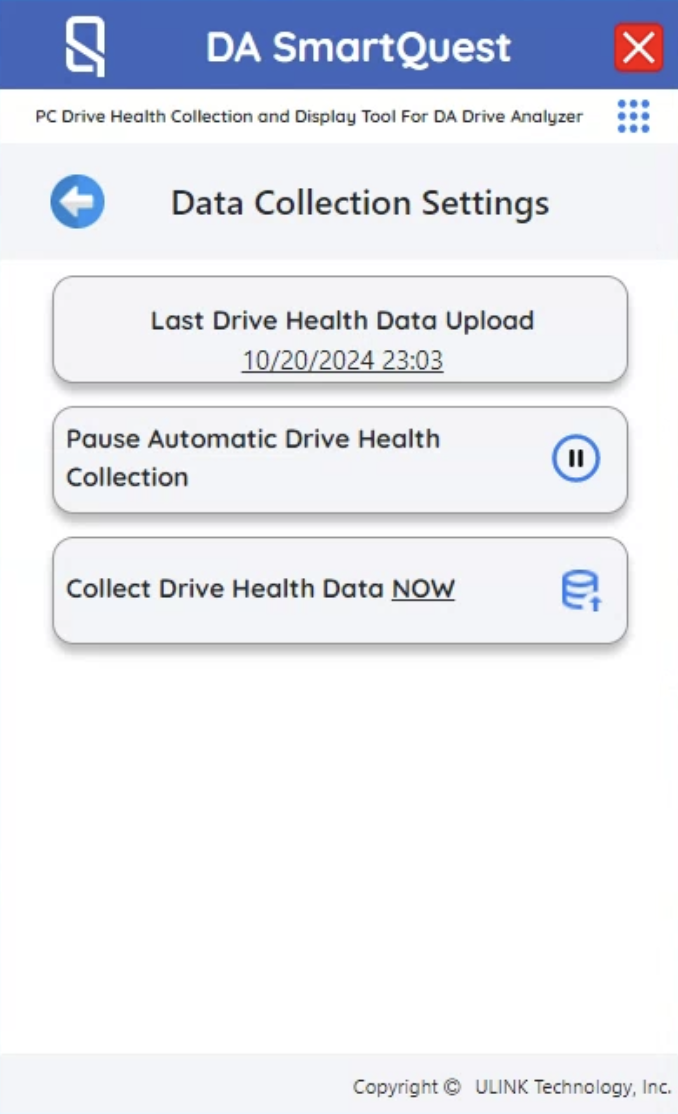 Data collection settings page for DA SmartQuest
